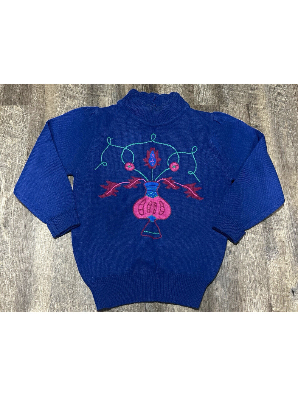 Lucia Vintage Women's M Blue Acrylic Mock Neck Embroidered Sweater